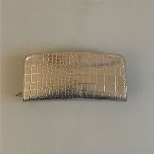 Metallic silver faux croc zip clutch wallet